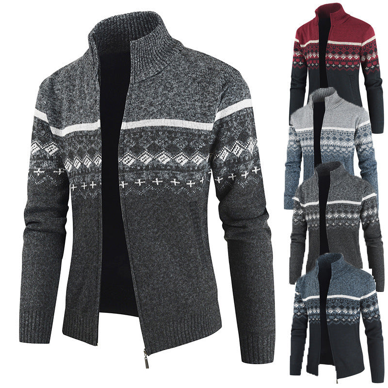 Herren Strickjacke mit Wintermuster und hohem Stehkragen R&B