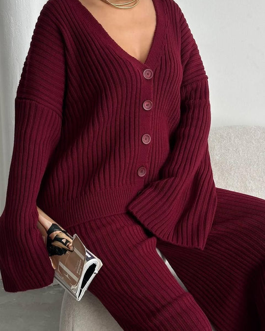 Damen Strick-Loungewear-Set mit weiten Ärmeln und Knopfleiste R&B