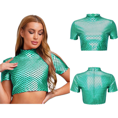 Damen Glitzerndes Cropped Shirt mit schimmerndem Fischschuppen-Muster R&B