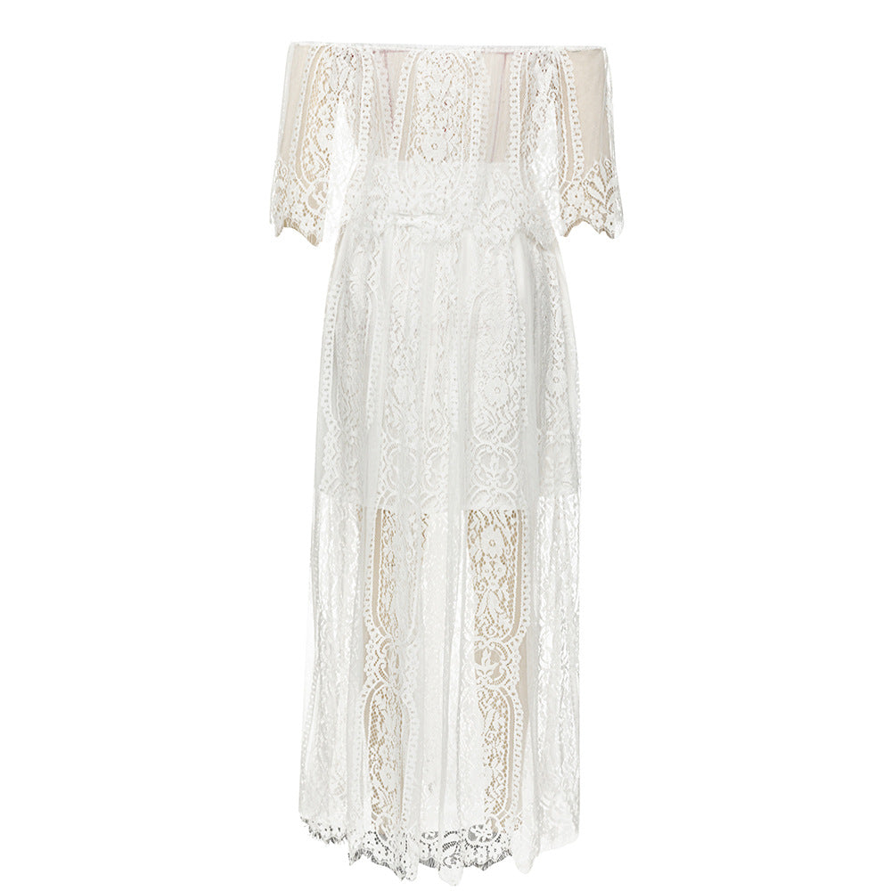 Damen Maxikleid mit eleganter Spitze und schulterfreiem Design R&B