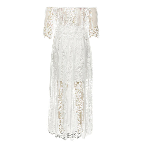 Damen Maxikleid mit eleganter Spitze und schulterfreiem Design R&B