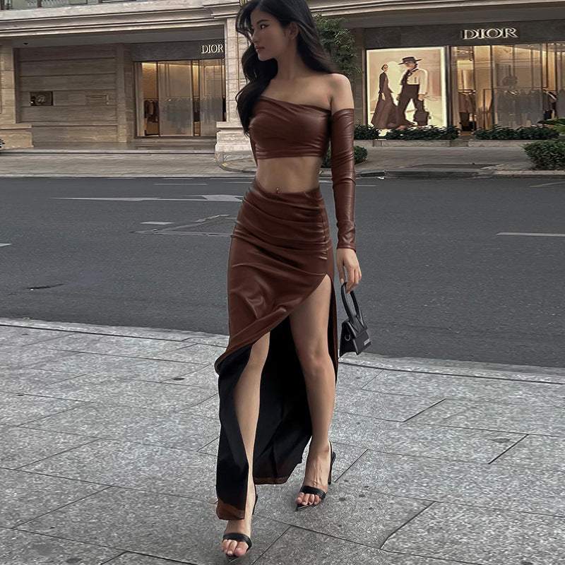 Damen elegantes asymmetrisches Cropped-Oberteil mit langen Ärmeln R&B