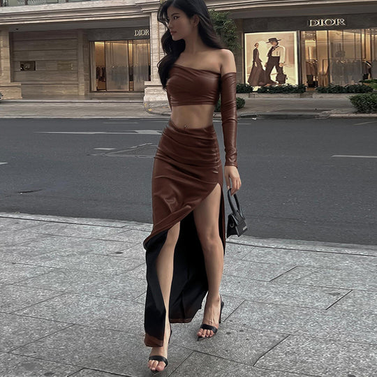 Damen elegantes asymmetrisches Cropped-Oberteil mit langen Ärmeln R&B