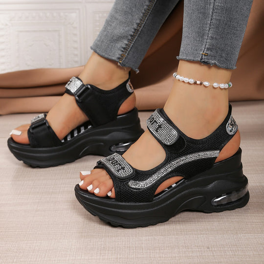 Damen Sportliche Wedge-Sandalen mit glitzernden Riemchen und komfortablem Fußbett R&B