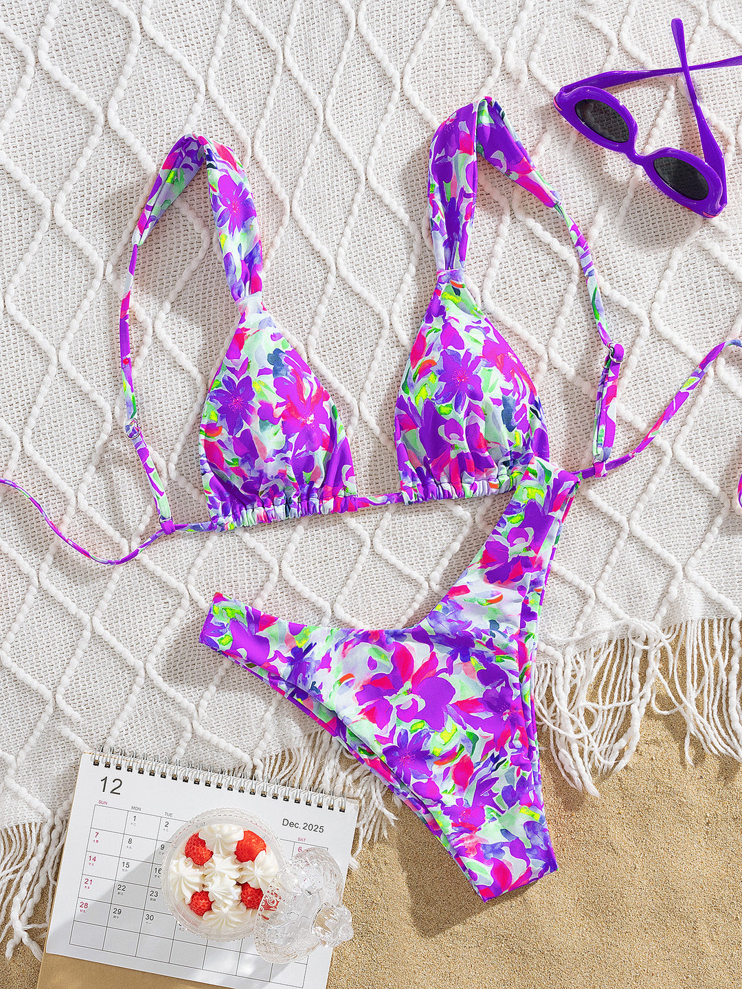 Damen Triangel-Bikini mit buntem Blumendesign und verstellbaren Trägern R&B