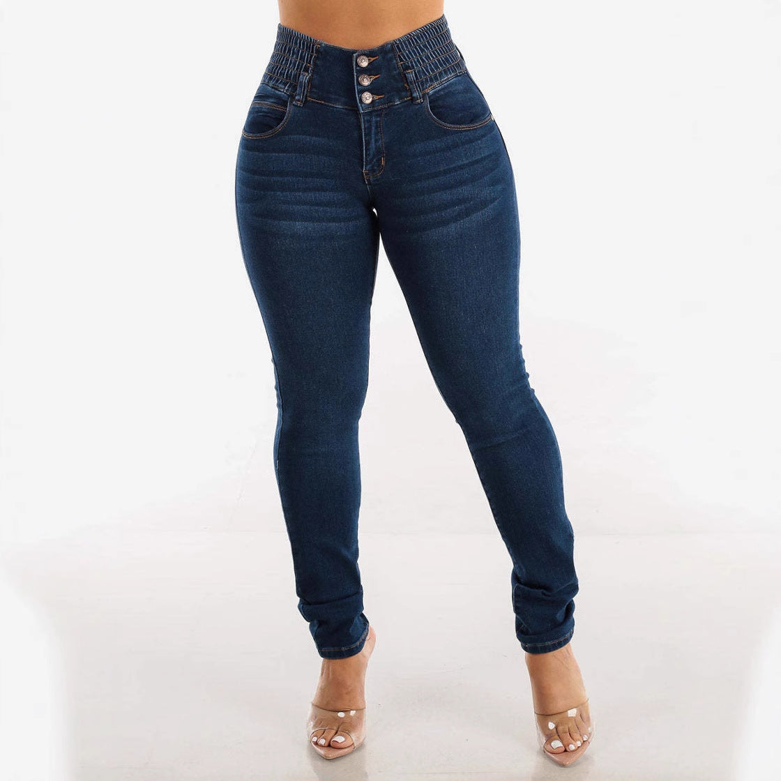Damen High-Waist Skinny Jeans mit elastischem Bund R&B
