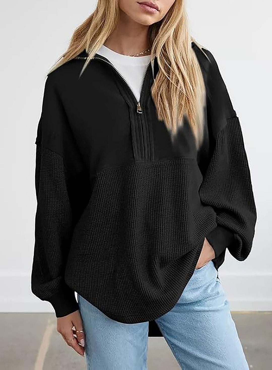 Damen lässiger Kapuzenpullover mit halblangem Reißverschluss und strukturiertem Material R&B