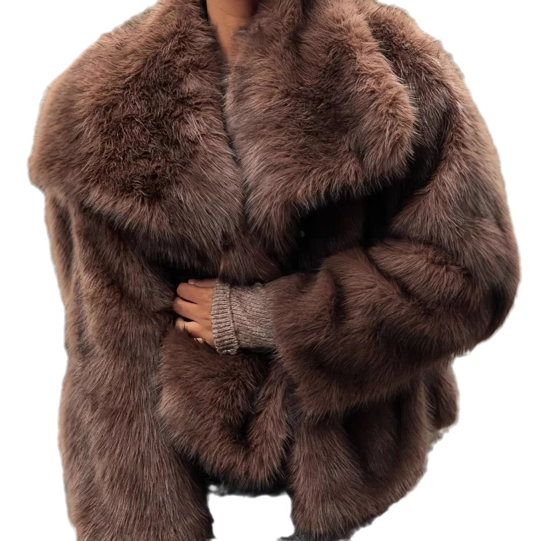Damen Luxuriöse Kunstpelzjacke mit breitem Kragen R&B