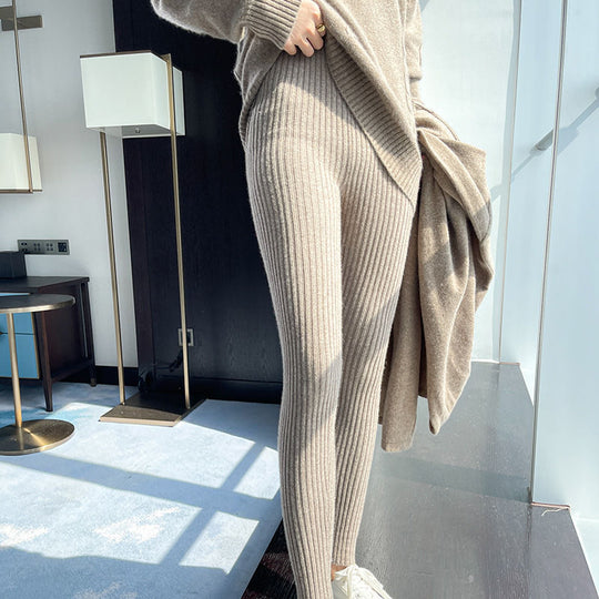 Damen Rippstrick-Leggings mit hohem Bund und feiner Struktur R&B