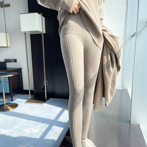 Damen Rippstrick-Leggings mit hohem Bund und feiner Struktur R&B