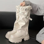 Damen Plateau-Stiefel mit modischem Schnallenverschluss und eleganter Faltenoptik R&B