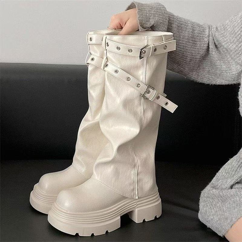 Damen Plateau-Stiefel mit modischem Schnallenverschluss und eleganter Faltenoptik R&B