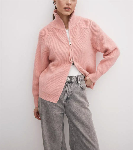 Damen Strickjacke mit hohem Kragen und Reißverschluss R&B
