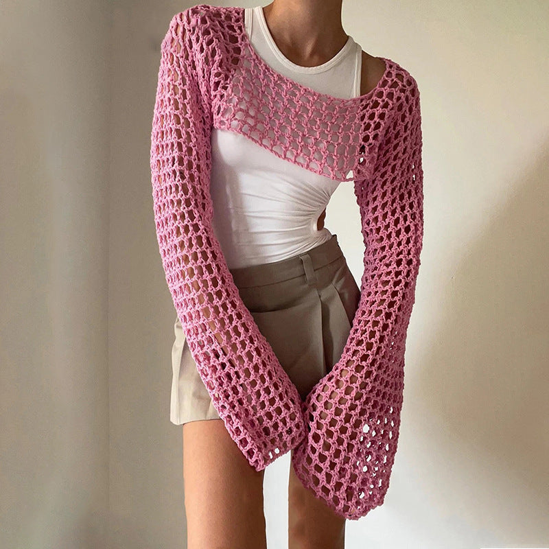 Damen gehäkeltes Langarm-Top mit Off-Shoulder-Design R&B