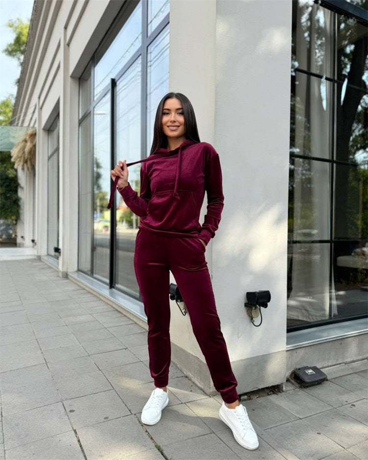Damen lässiges Fleece-Jogginganzug-Set mit Kapuze und elastischem Bund R&B