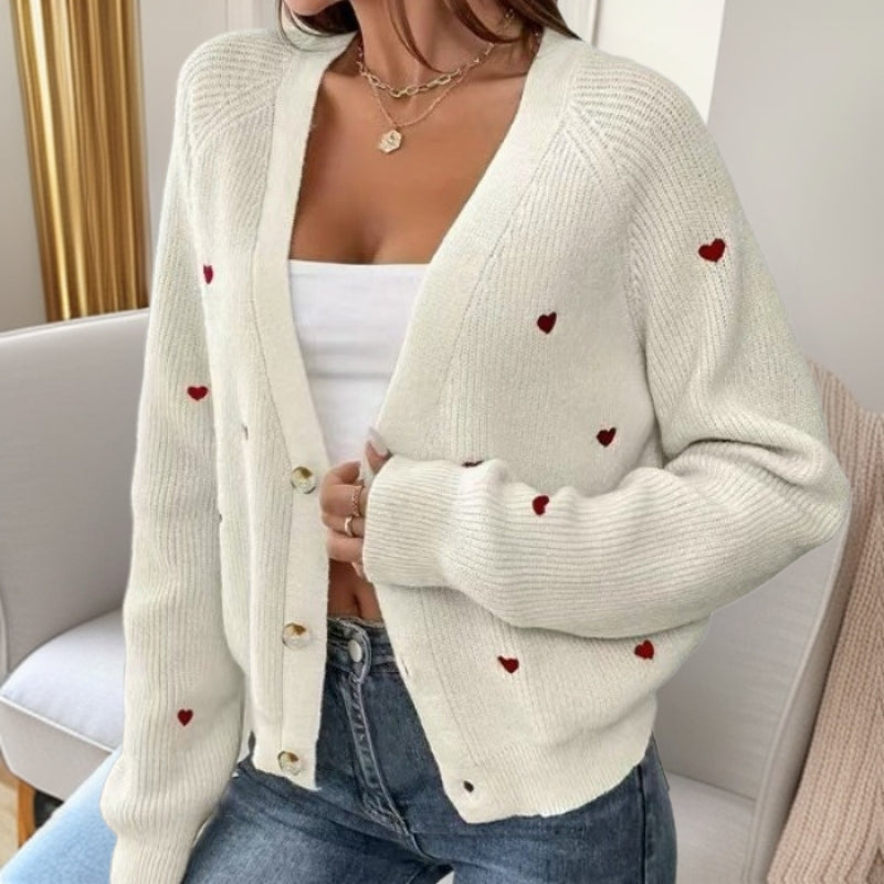 Damen Strickjacke mit Herzchen-Applikationen und lässigem Schnitt R&B