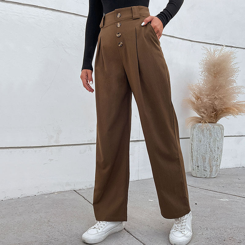 Damen weite Stoffhose mit dekorativen Knopfdetails und Faltenwurf R&B