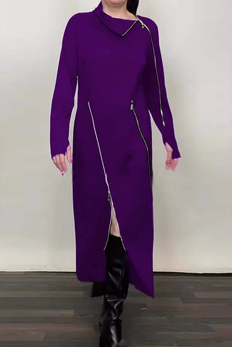 Damen nan langes Strickkleid mit asymmetrischen Metallreißverschlüssen und Frontschlitz R&B