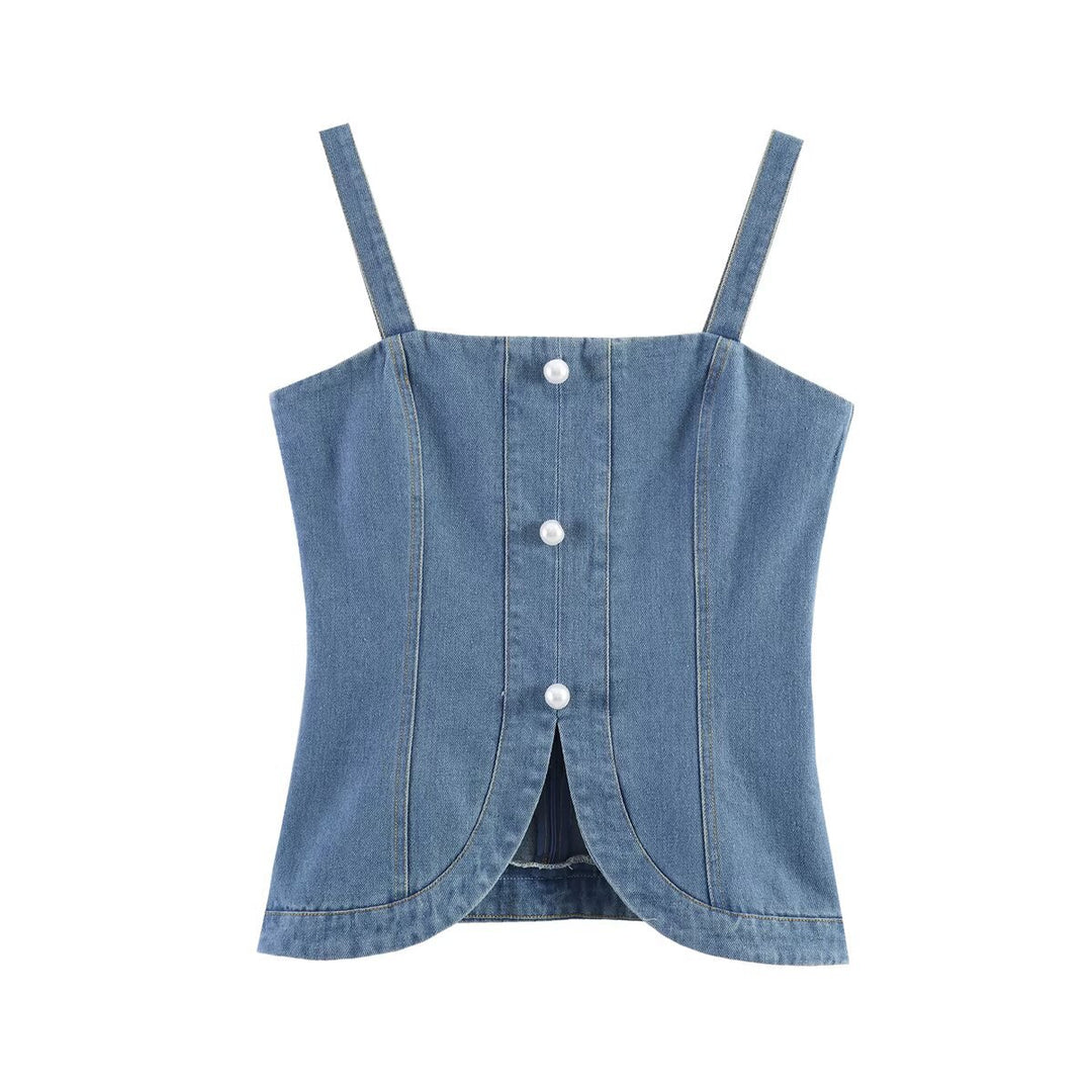 Damen Denim-Cami mit tailliertem Schnitt und dekorativen Knöpfen R&B