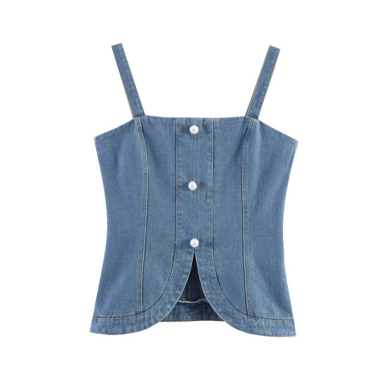 Damen Denim-Cami mit tailliertem Schnitt und dekorativen Knöpfen R&B