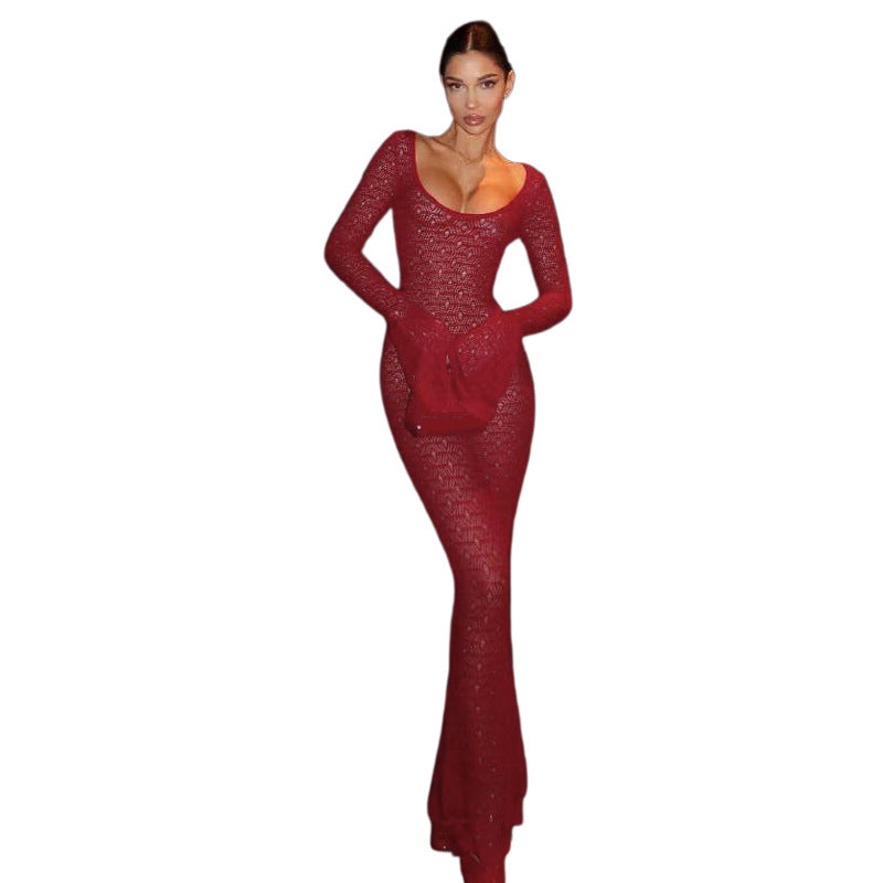Damen Strickmaxikleid mit langen Ärmeln und großflächigem Häkelmuster R&B