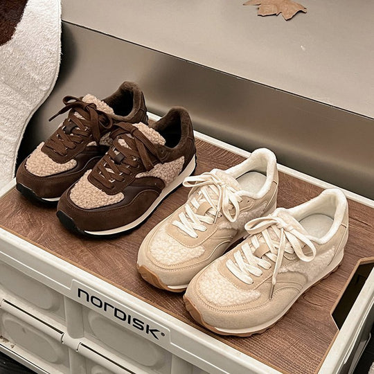 Damen sportliche Sneaker mit kuscheligem Fellkragen und rutschfester Gummisohle R&B