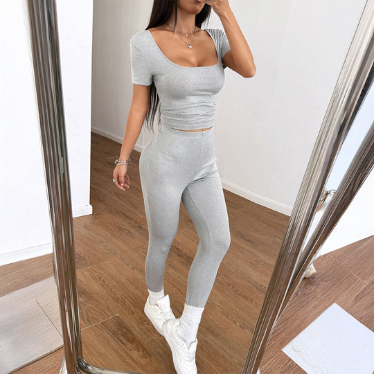 Damen Figurbetontes Sport-Set mit kurzärmligem Oberteil und hochgeschnittener Leggings R&B
