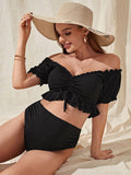 Damen Hochtaillierter Bikini mit lässigem Puffärmel-Oberteil