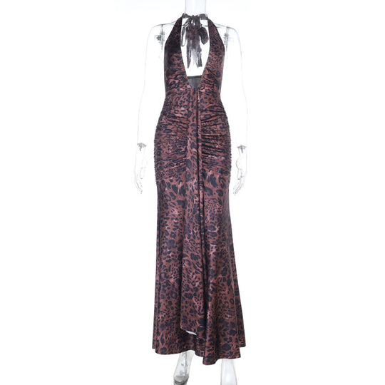 Damen glamouröses Langarm-Maxikleid mit tiefem V-Ausschnitt und Rüschendetails R&B