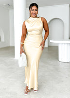 Damen Elegantes Satin-Maxikleid mit asymmetrischem Kragen und figurformendem Schnitt R&B