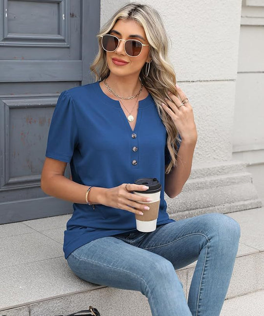 Damen modisches T-Shirt mit Knopfdetail und kurzen Ärmeln R&B