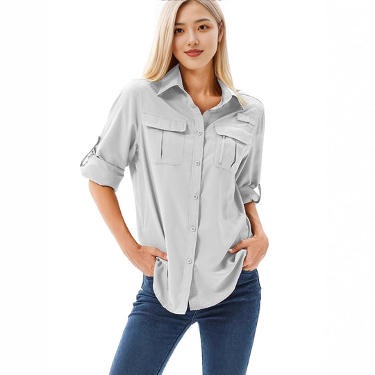 Damen lässige Bluse mit praktischen Taschen und umschlagbaren Ärmeln R&B