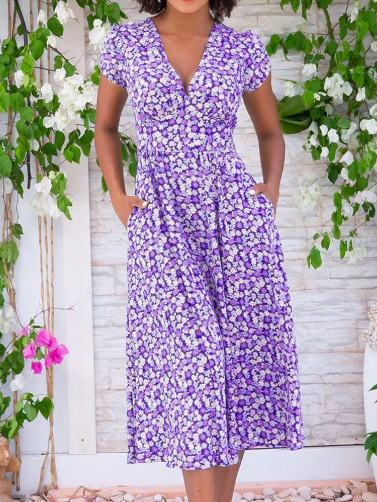 Damen Maxi-Kleid mit floralen Mustern und Taschen R&B