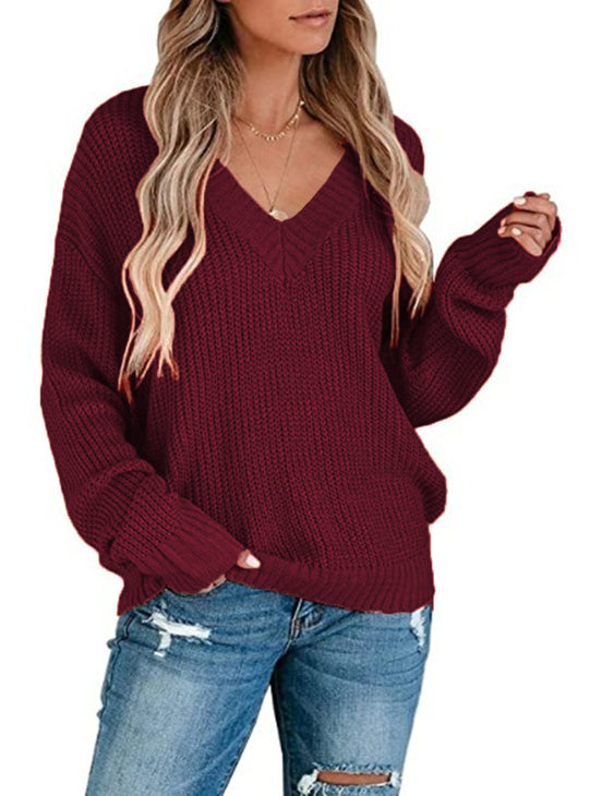 Damen Strickpullover mit V-Ausschnitt und lockerem Schnitt R&B