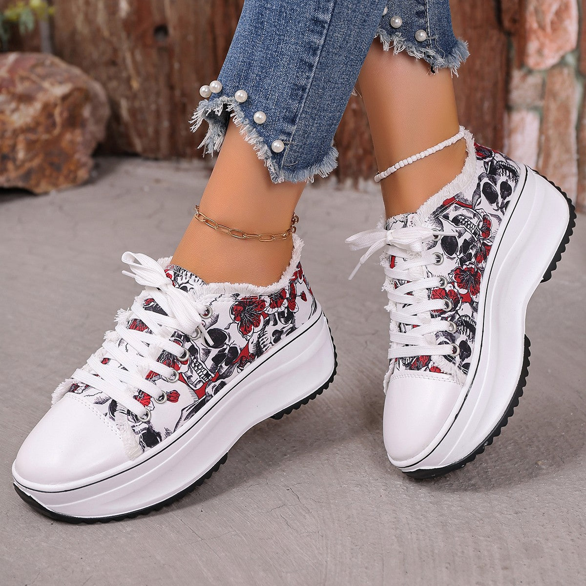 Damen Modische Sneakers mit floralem Print und gepolsterter Sohle R&B