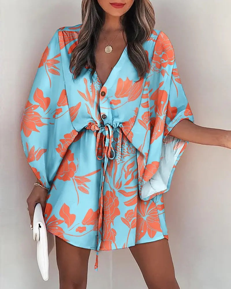 Damen angehendes Strandkleid mit eleganter Taillenbindung und einzigartigem Muster R&B