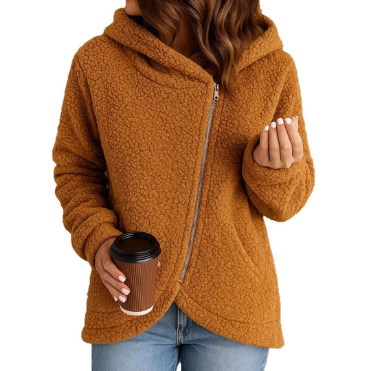 Damen Flauschige Kapuzenjacke mit asymmetrischem Reißverschluss R&B