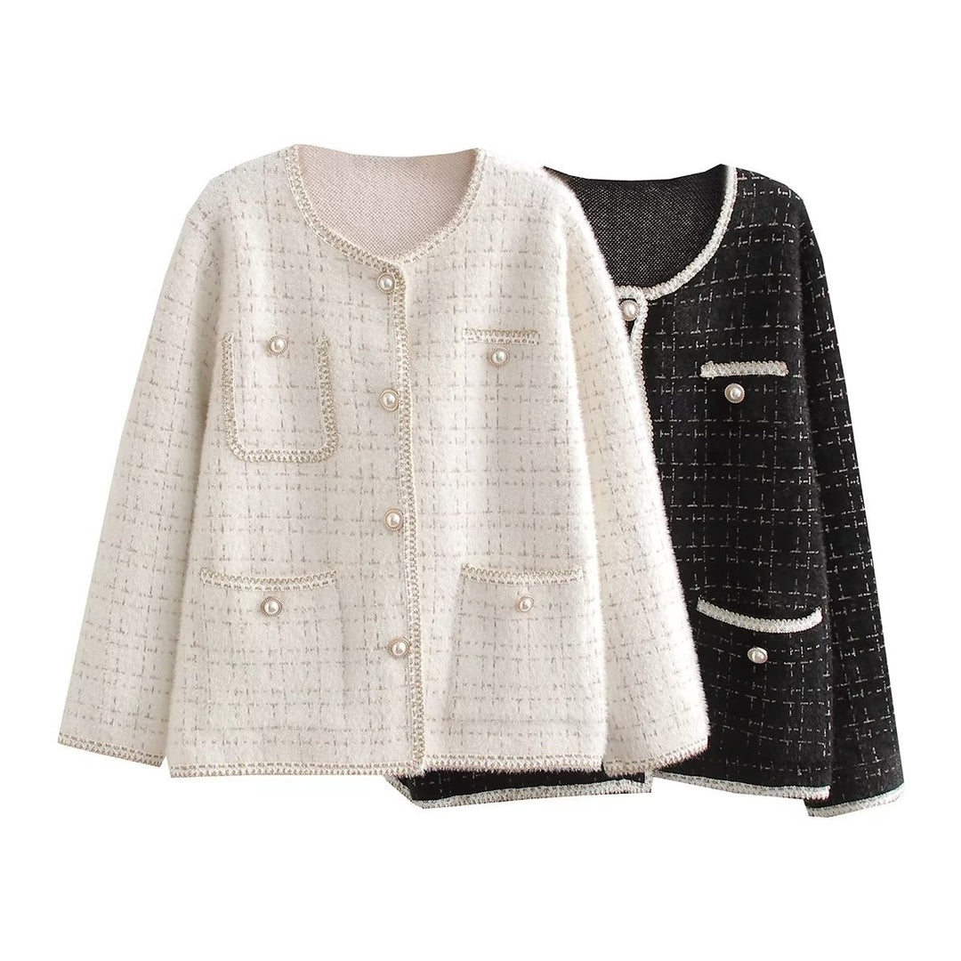Damen Strukturierte Bouclé-Jacke mit dekorativen Perlen und Taschen R&B