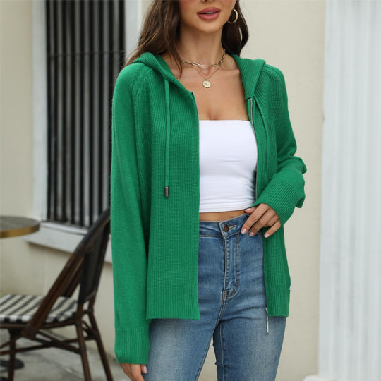 Damen legerer Strickcardigan mit Kapuze und Reißverschluss R&B
