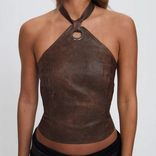 Damen Crop-Top aus hochwertigem Kunstleder mit elegantem Halterdesign R&B