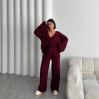 Damen Strick-Loungewear-Set mit weiten Ärmeln und Knopfleiste R&B