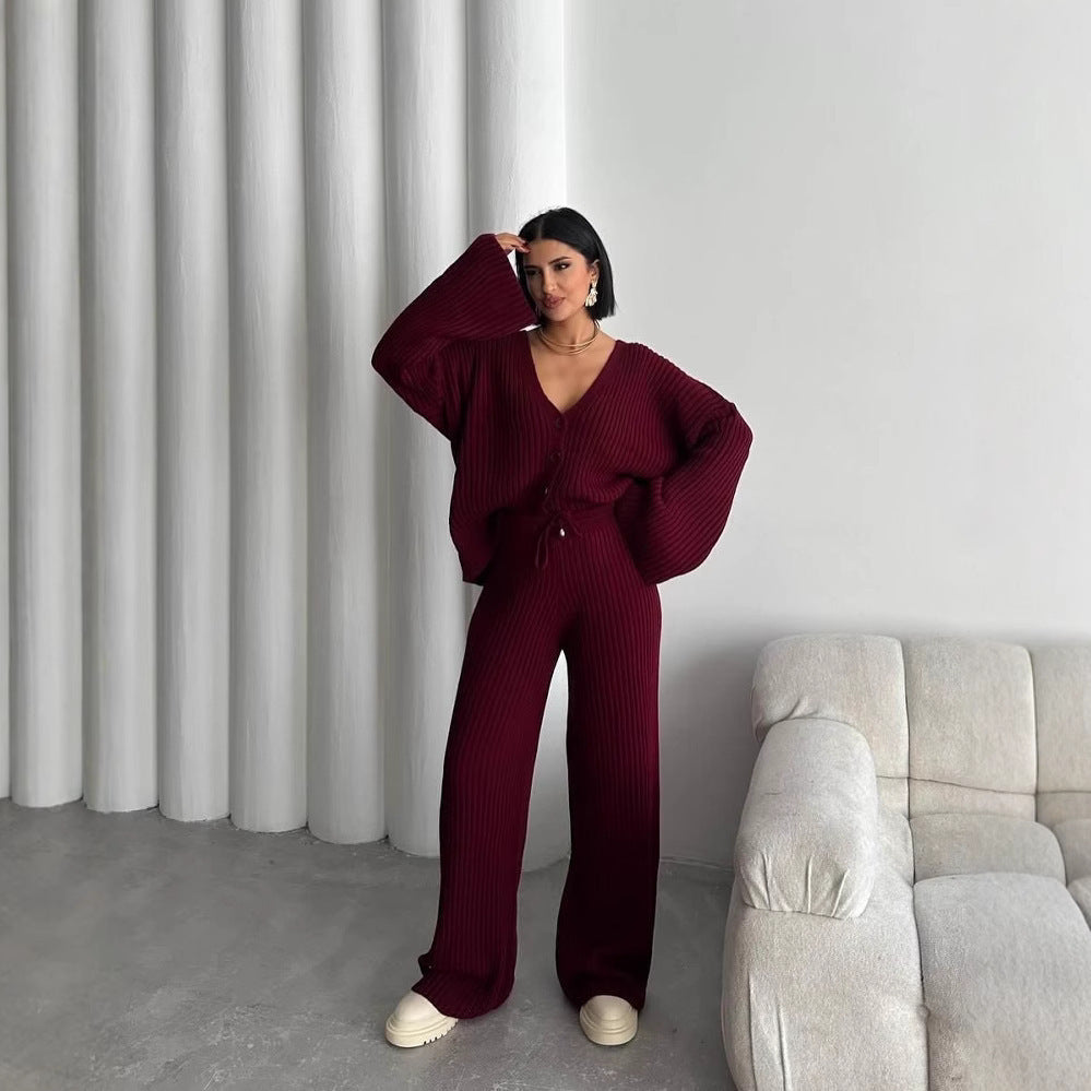 Damen Strick-Loungewear-Set mit weiten Ärmeln und Knopfleiste R&B