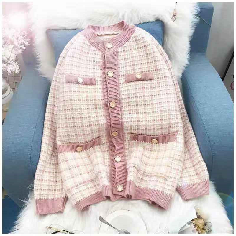 Damen Strickjacke mit Modischem Karomuster und Knopfdetails R&B