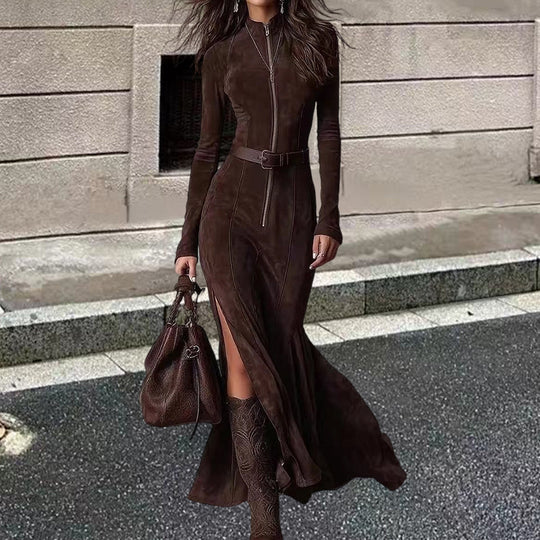 Damen Langarm Kleid mit Reißverschluss und seitlichen Schlitzen R&B
