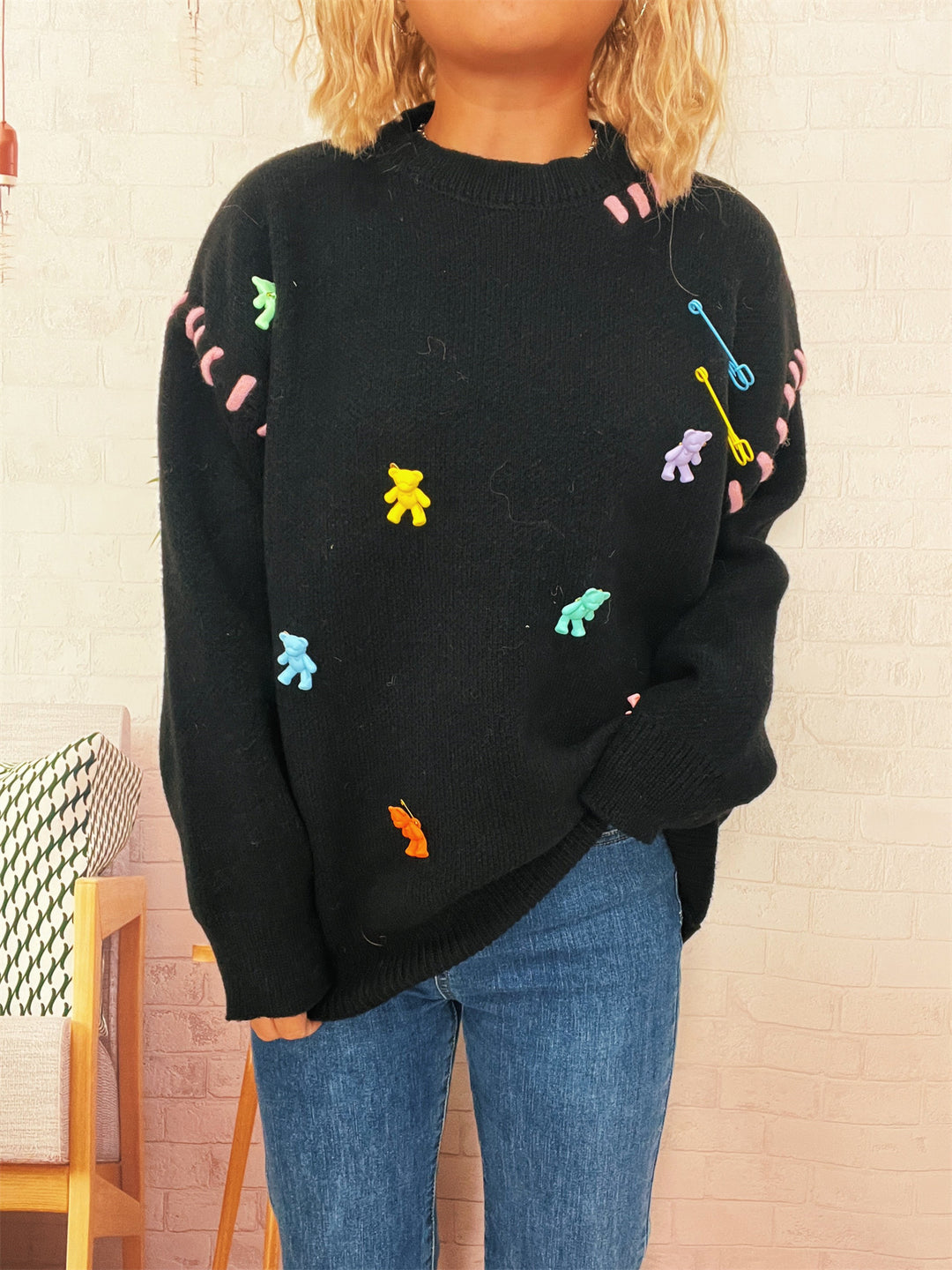 Damen Pullover mit verspieltem Bären-Motiv und dekorativen Applikationen R&B