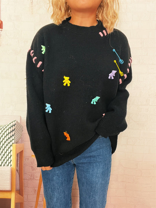 Damen Pullover mit verspieltem Bären-Motiv und dekorativen Applikationen R&B