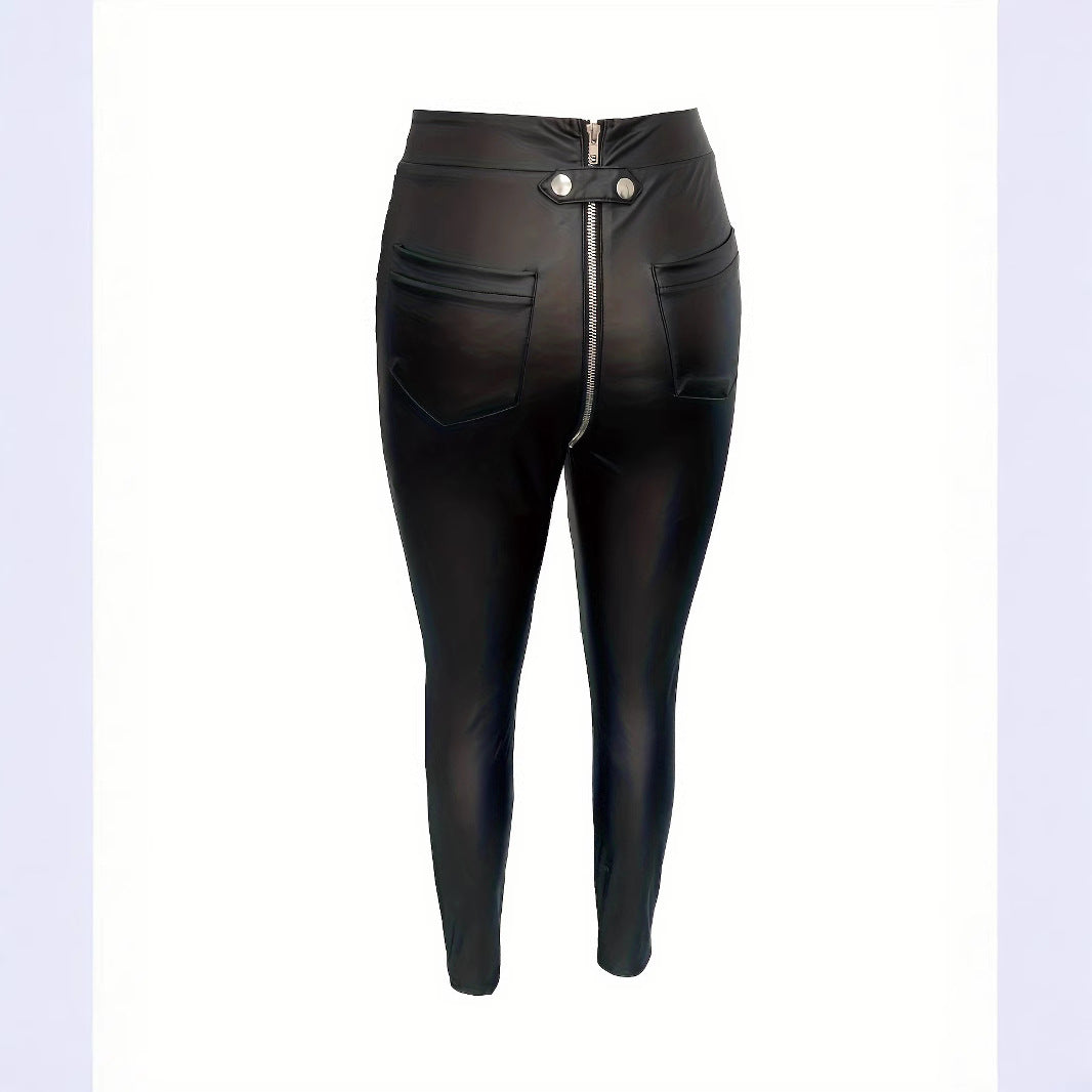 Damen Modische Kunstlederleggings mit Reißverschluss und Taillierung R&B