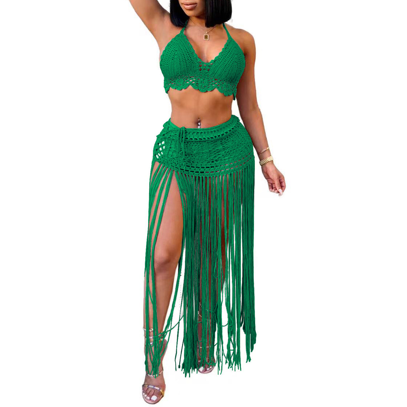 Damen gehäkeltes Strand-Outfit mit fransigen Details R&B