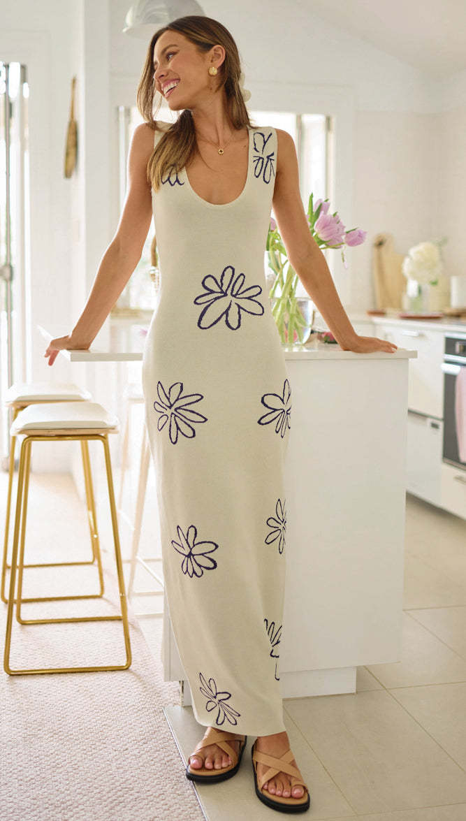 Damen figurbetontes Maxikleid mit floralem Muster und tiefem V-Ausschnitt R&B
