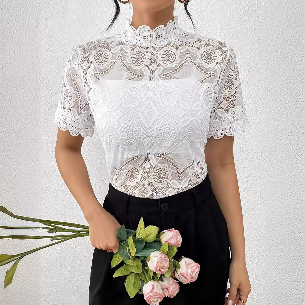Damen nan semi-transparentes Spitzen-Top mit hohem Rüschenkragen und blickdichter Brustpartie R&B